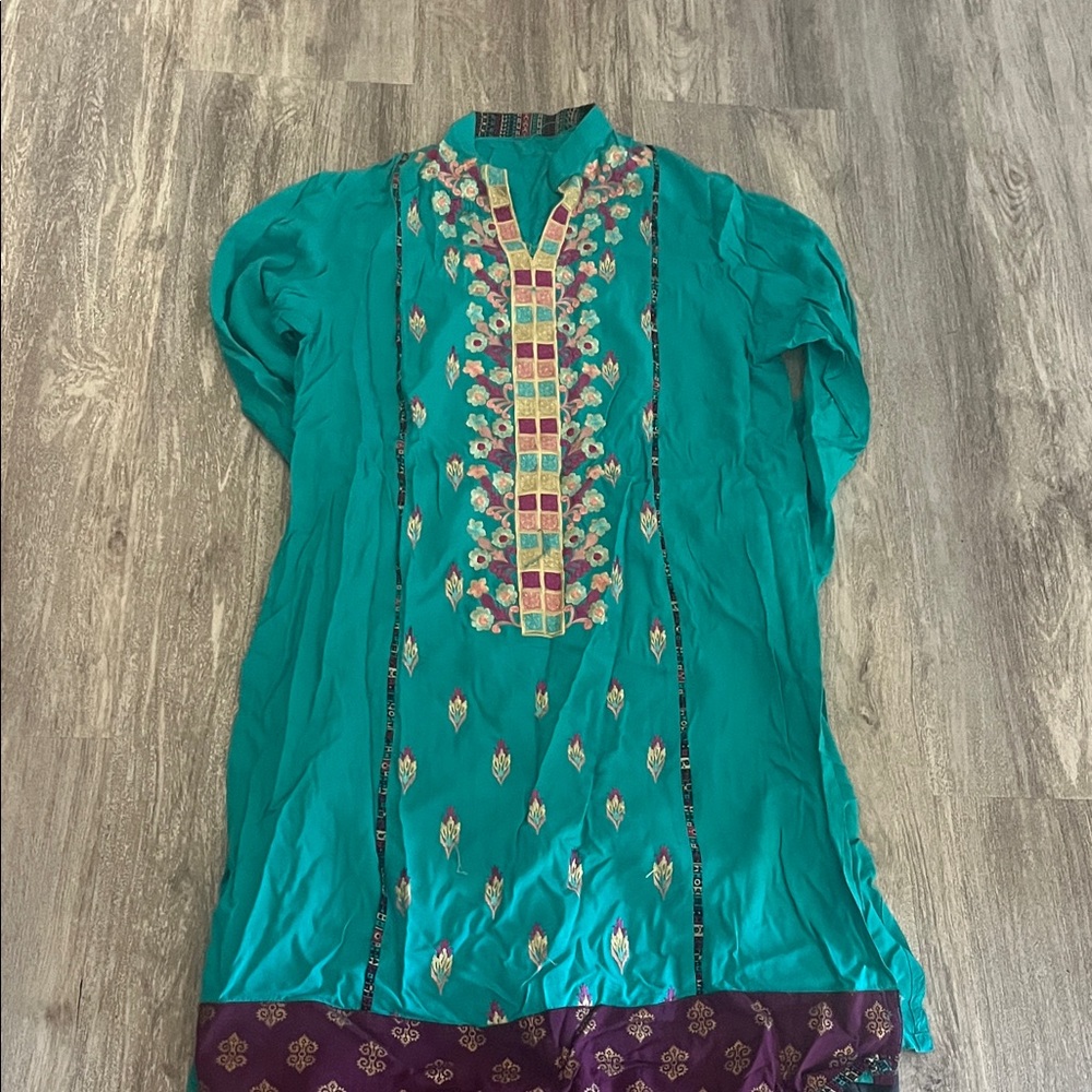 Venezia Teal and Purple Embroidered Dress with jeans